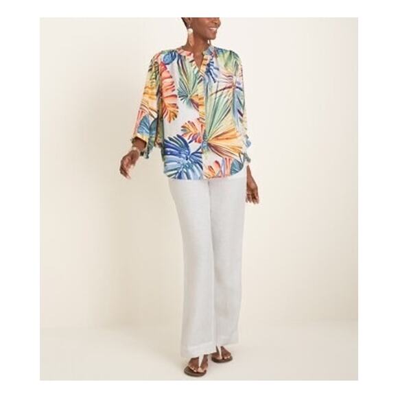 Chicos Palm Print Top Womens 1 Medium Resort Vacation Tropical Relaxed Billowy - Picture 4 of 11
